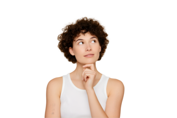 Thoughtful young woman with curly brown hair wearing a white tank top against a pensive expression on transparent background girl