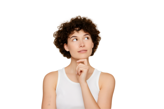 Thoughtful young woman with curly brown hair wearing a white tank top against a pensive expression on transparent background girl