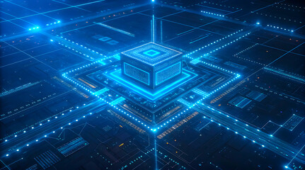 Advanced microchip technology: blue circuit board background