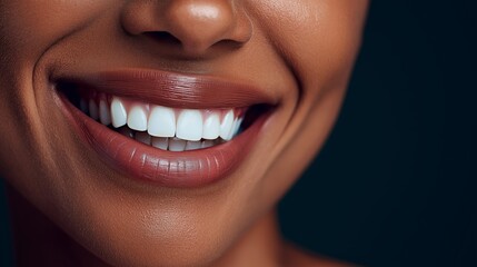 Radiant Smile: A close-up captures a beaming smile of a woman of color, showcasing her perfect white teeth and highlighting her overall happy expression.