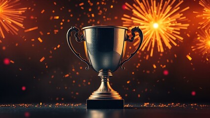 Digital artwork of metallic trophy with intricate handles, textured surface, against dark, dynamic backdrop with golden-red light, sparks, and particles, creating celebratory, triumphant energy.

