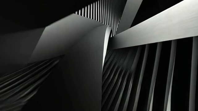 Dark, abstract metallic structure with parallel straight and curving fins, creating dynamic shadows and highlights