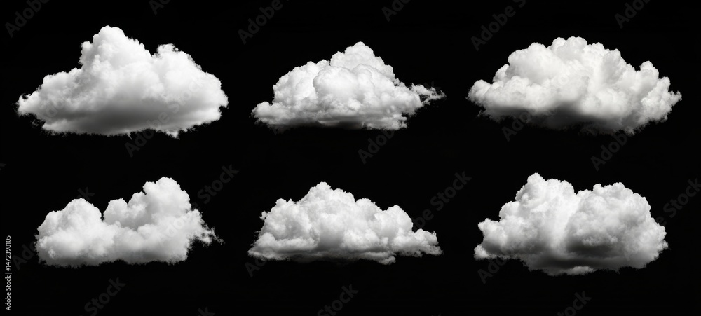 Fototapete Six individual cumulus clouds, isolated on a black background, perfect for compositing or design projects. High-resolution images ideal for graphic design and digital art. : Generative AI