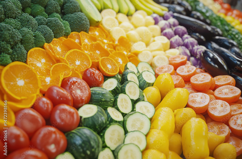 Poster vibrant rows of fresh produce: broccoli, oranges, tomatoes, cucumbers, and yellow potatoes create a 
