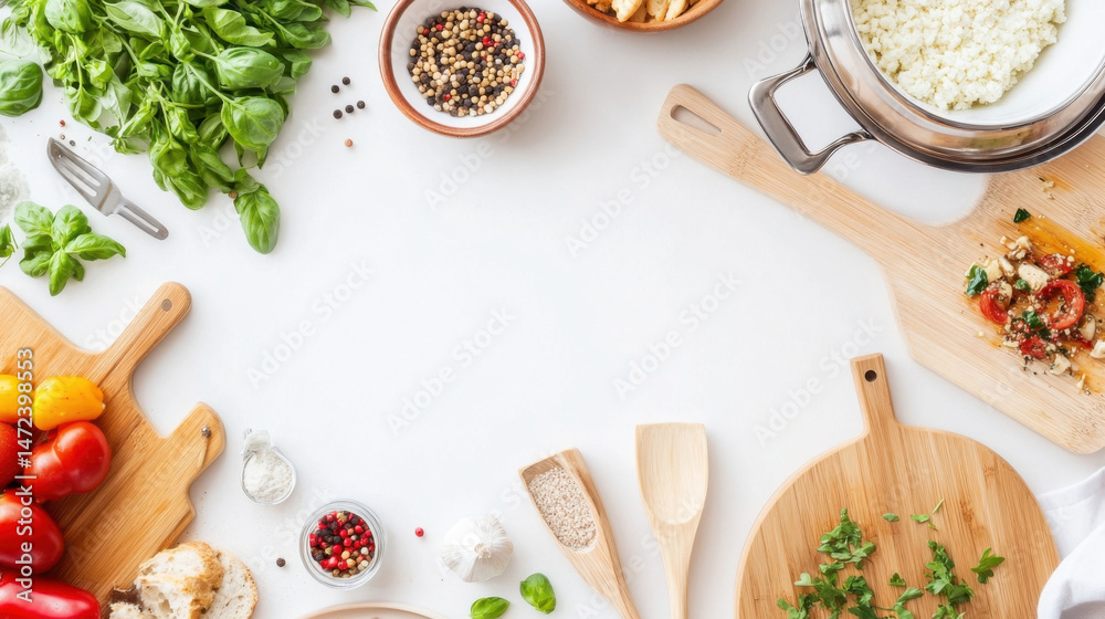 Aufkleber overhead shot of a white surface with various cooking ingredients and utensils arranged around the e