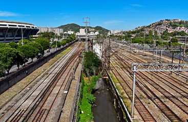 Train tracks between the neighborhoods of Sao Cristovao and Maracan&atilde; in Rio de Janeiro, Brazil 