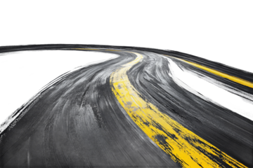 A winding road painted with black and yellow strokes, suggesting motion and speed, set against a stark black background, ideal for themes of travel and adventure