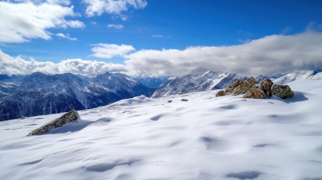 Stunning panoramic view of snow-covered mountain range under a vibrant blue sky, with a few rocks in the foreground adding a textural contrast. : Generative AI - Powered by Adobe