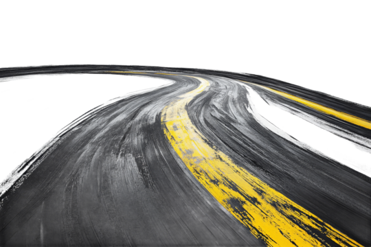 A winding road painted with black and yellow strokes, suggesting motion and speed, set against a stark black background, ideal for themes of travel and adventure