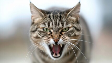 A fierce tabby cat with green eyes bares its teeth in a close-up portrait, showcasing its sharp fangs and intense expression. : Generative AI