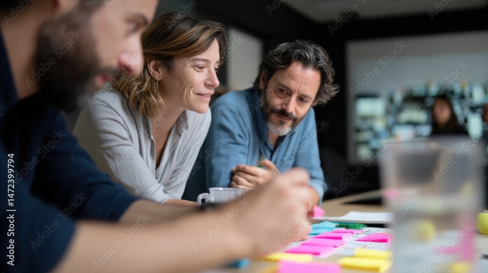 Aufkleber focused team brainstorming innovative ideas, using colorful sticky notes during a collaborative meet