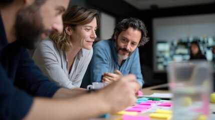 Focused team brainstorming innovative ideas, using colorful sticky notes during a collaborative meeting in a modern office setting. : Generative AI