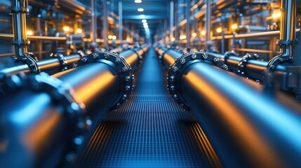 Industrial pipeline system: a detailed view of large diameter pipes, metallic flanges, and a grid metal floor, illuminated with warm and cool lighting. : Generative AI