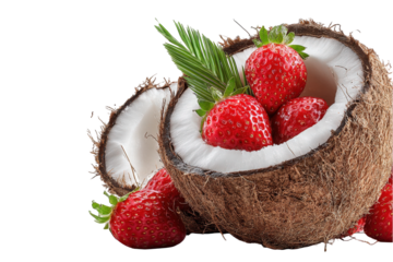 Fresh red strawberries in a ripe coconut half with green palm leaf tropical summer fruit dessert still life photography on transparent background food