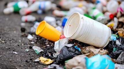 Discarded plastic cups and bottles litter a roadside, highlighting environmental pollution and irresponsible waste disposal. : Generative AI
