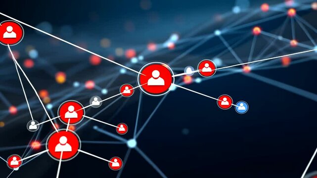 User icons linked in a digital network, with glowing nodes on a dark, abstract background