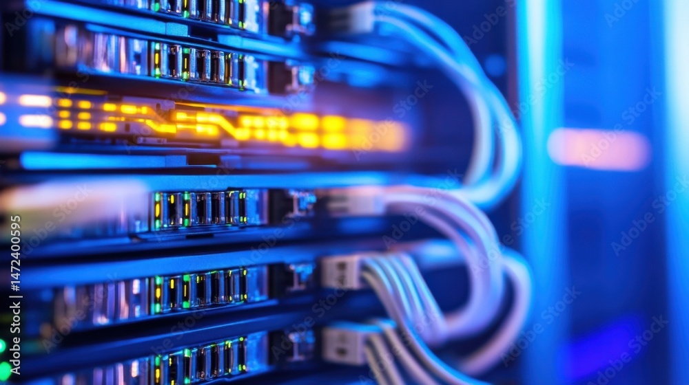 Poster Close-up view of illuminated server rack with fiber optic cables, showcasing intricate technology and data transfer infrastructure. : Generative AI