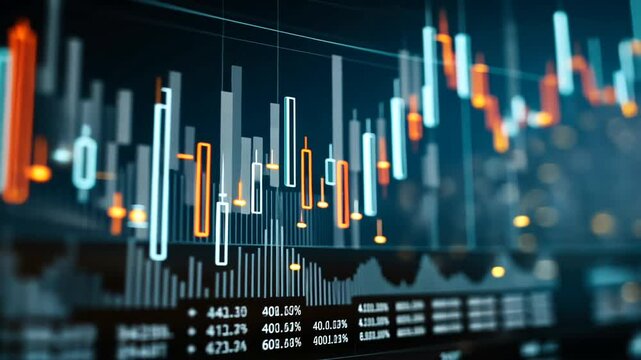 Glowing financial candlestick chart on a dark screen displaying market trends and numerical data with bokeh effects