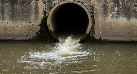 Murky Water Flows from Concrete Drainage Pipe Polluting Natural Pond Environment