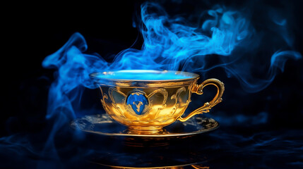 A gold teacup with blue smoke, set against a black background.