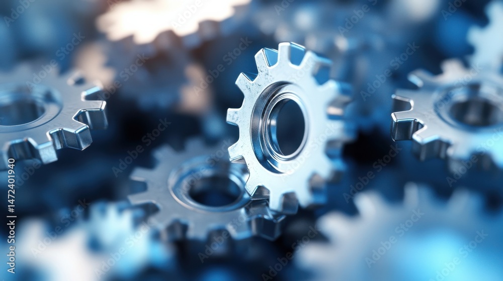 Aufkleber Closeup of metallic gears intermeshing, showcasing intricate detail and precision engineering.  The cool blue tones highlight the industrial aesthetic. : Generative AI
