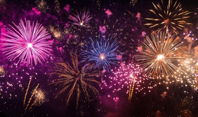 Vibrant fireworks display illuminating the night sky with dazzling bursts of pink, purple, and gold, creating a spectacular celebratory scene. : Generative AI