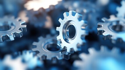 Closeup of metallic gears intermeshing, showcasing intricate detail and precision engineering.  The cool blue tones highlight the industrial aesthetic. : Generative AI