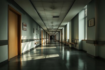 Long, empty hallway with windows and doors, interior of a hospital, dark and quiet, architectural details, medical facility