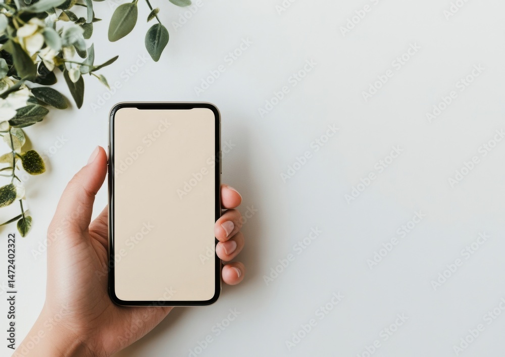 Poster a hand holds a smartphone with a beige screen, showcasing a minimalist workspace aesthetic with gree