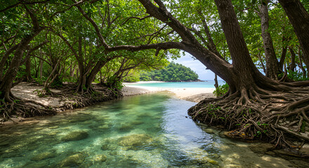 A peaceful landscape featuring a crystal-clear river winding through a dense forest, white rocks along the banks
