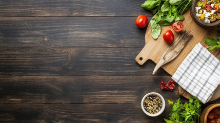 Overhead shot of rustic wooden table with assorted cooking ingredients: tomatoes, herbs, spices, and wooden cutting board. : Generative AI