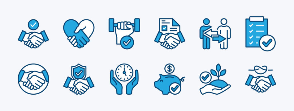 Set of commitment icon vector. Containing agreement contract handshake, collaboration, athletics, activity list, on time, save money, deposit, competent, behavior, integrity, security. Illustration