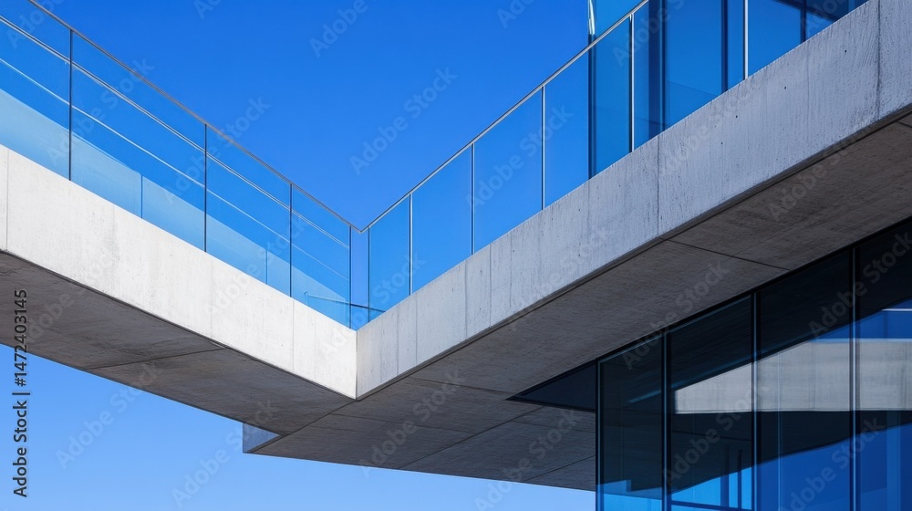 Aufkleber modern architecture detail: concrete walkway and glass facade against a vibrant blue sky. clean line