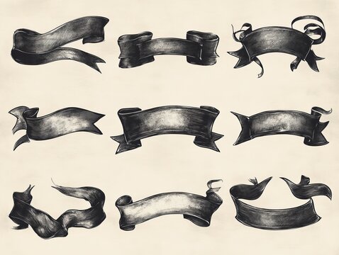 A Collection of Detailed Black and White Ribbon Banners, Perfect for Adding an Elegant, Vintage Touch to Designs, Ideal for Invitations and More.