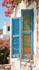 Rustic Blue Shuttered Window with Bougainvillea Flowers