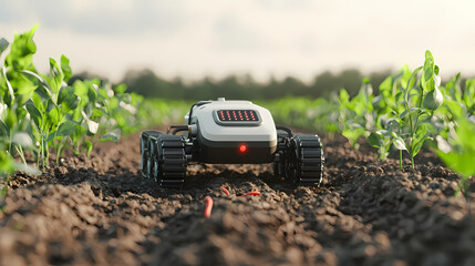 A small agricultural robot navigates between rows of young plants in a field, optimizing crop growth using advanced technology.