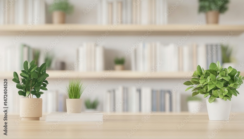Aufkleber three potted plants adorn a light wood table, set against a blurred backdrop of bookshelves filled w