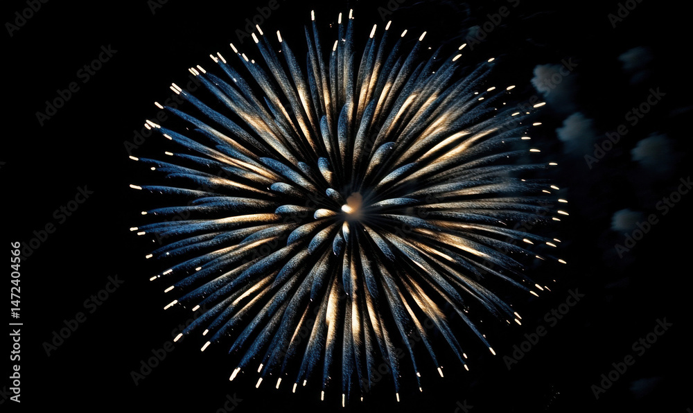 Poster A mesmerizing fireworks display explodes in a radiant burst of blue and gold, creating a stunning circular pattern against the night sky. : Generative AI