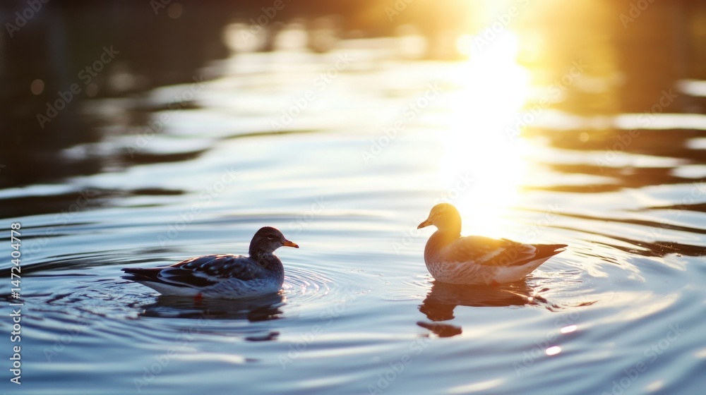 Poster two ducks peacefully swim on a calm lake at sunset, golden sunlight reflecting on the water's surfac