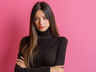 Fototapeta premium Young woman with long brunette hair and crossed arms wears a ribbed dark turtleneck with a subtle chain necklace, posing confidently with a neutral expression