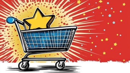 Blue Shopping Cart with Gold Star on Red Starburst Background