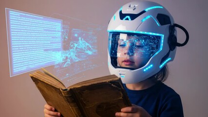 Child in futuristic helmet reading holographic book - Powered by Adobe