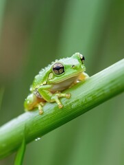 A vibrant green tree frog perches delicately on a dew-kissed blade of grass, its golden eyes gleaming in the soft light, a tranquil scene of nature's beauty. : Generative AI