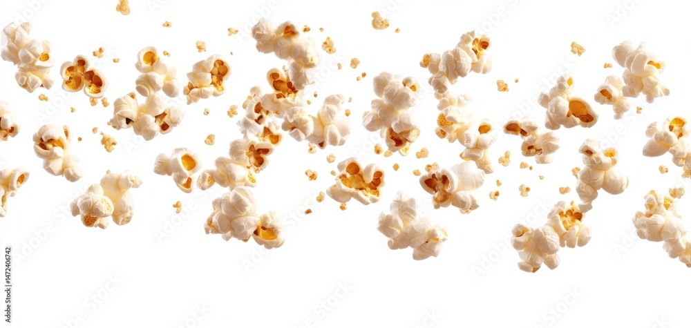 Poster a burst of fluffy popcorn kernels floats against a pristine white backdrop, showcasing the light, ai