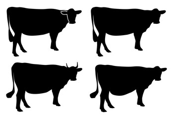 Vector silhouettes of beef cattle, cow in side view collection, agricultural farming icon set, isolated.