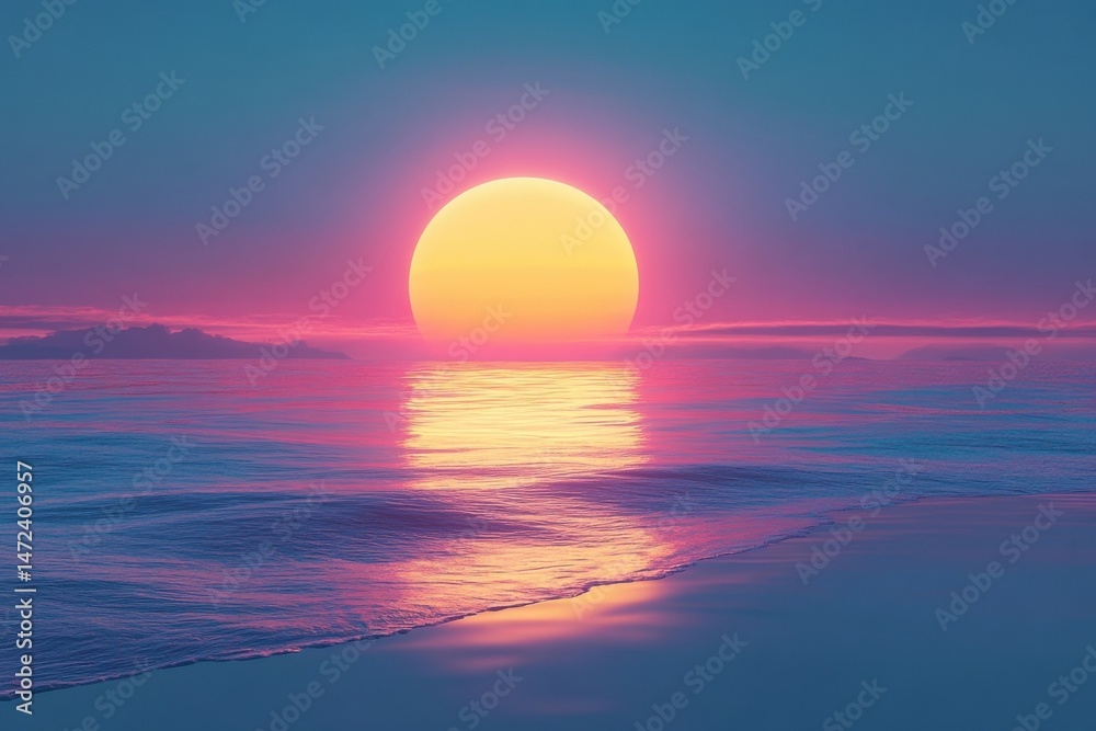 Poster vibrant sunset over calm ocean waves, reflecting a large, golden sun in the tranquil water, creating