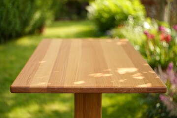 Fototapeta premium Empty Wooden Table Top with Natural Grain Texture and Blurred Summer Garden Background
