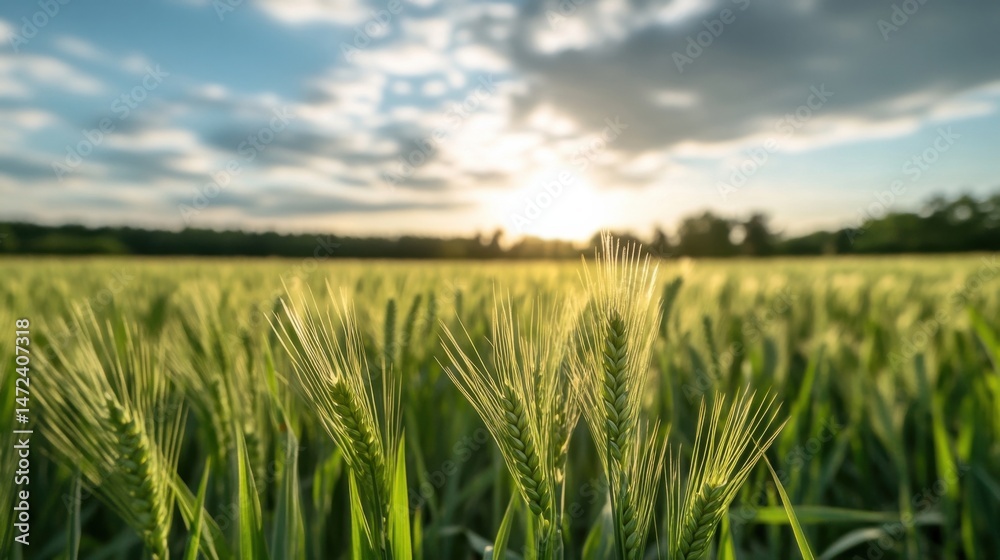 Aufkleber Close-up view of young wheat stalks in a field at sunset, bathed in golden light, with a blurred background of trees and a cloudy sky. : Generative AI