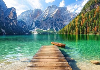 Obraz premium Serene alpine lake scene with wooden dock and rowboat, majestic mountains reflecting in crystal clear turquoise water, surrounded by lush autumnal forest. : Generative AI