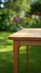 Fototapeta premium Empty Wooden Table Top with Natural Grain Texture and Blurred Summer Garden Background